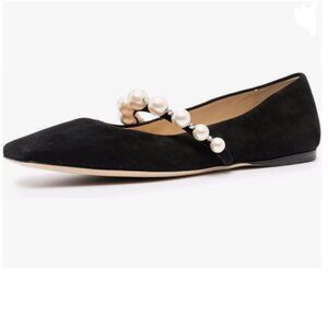 FOWT Black Square Toe Slip on Flats Pearl Studded Strap Wedding Elegant Pumps